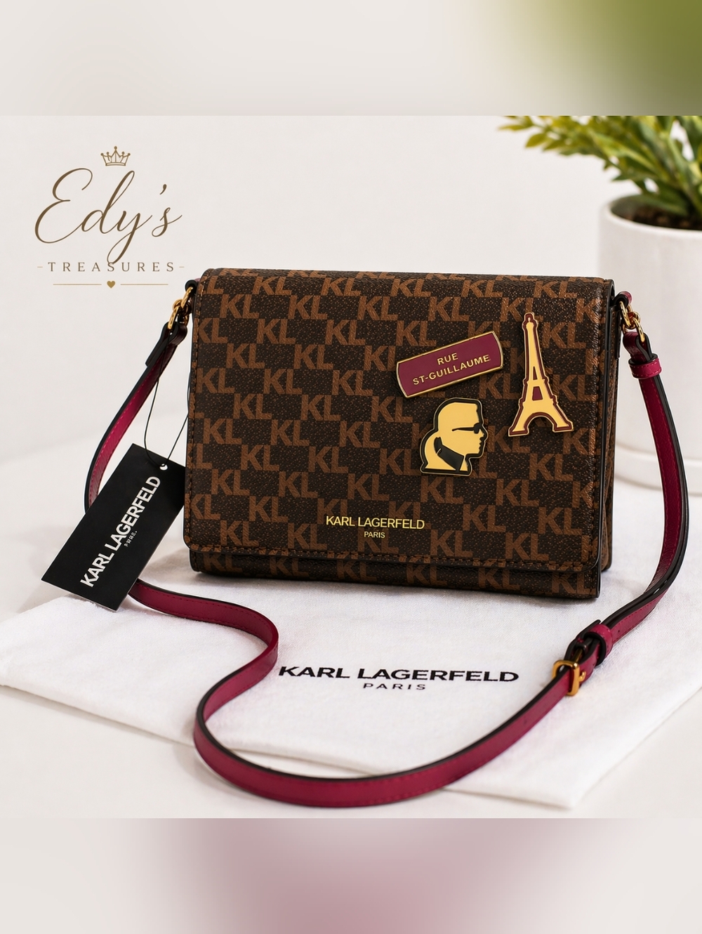 Karl Lagerfeld Paris KL Monogram Crossbody Bag Brown Burgundy NWT $168 Retail